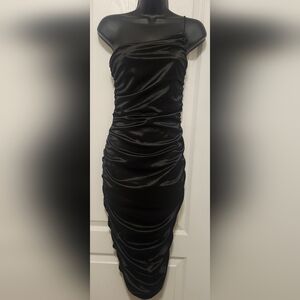 Nookie Black One Shoulder Strap Ruched Midi Dress Size Small EUC